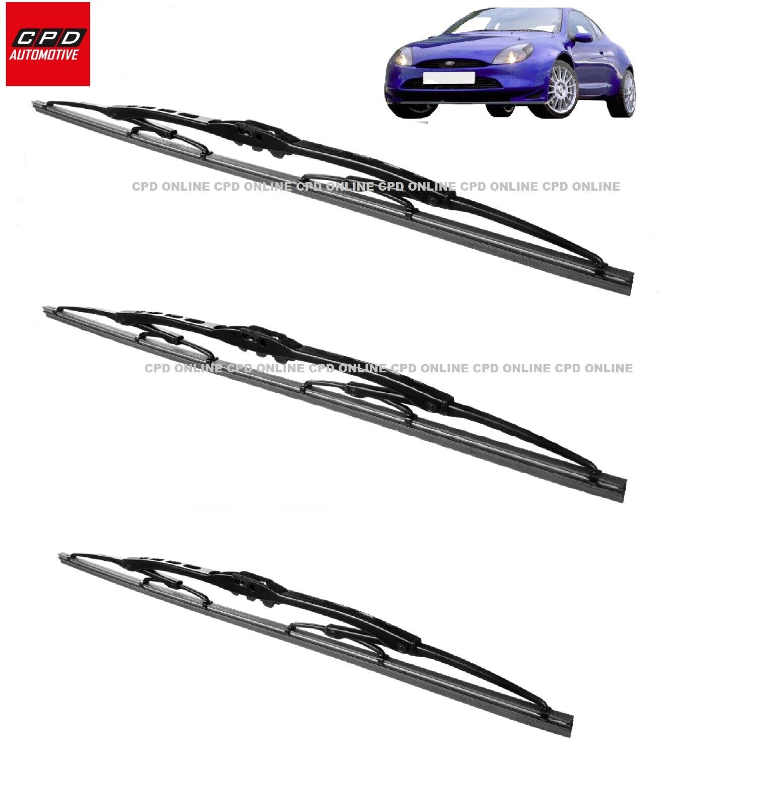 Ford Puma (1997-2002) Front & Rear Hook Metal Wiper Blades 19"+19"+19" Wipers