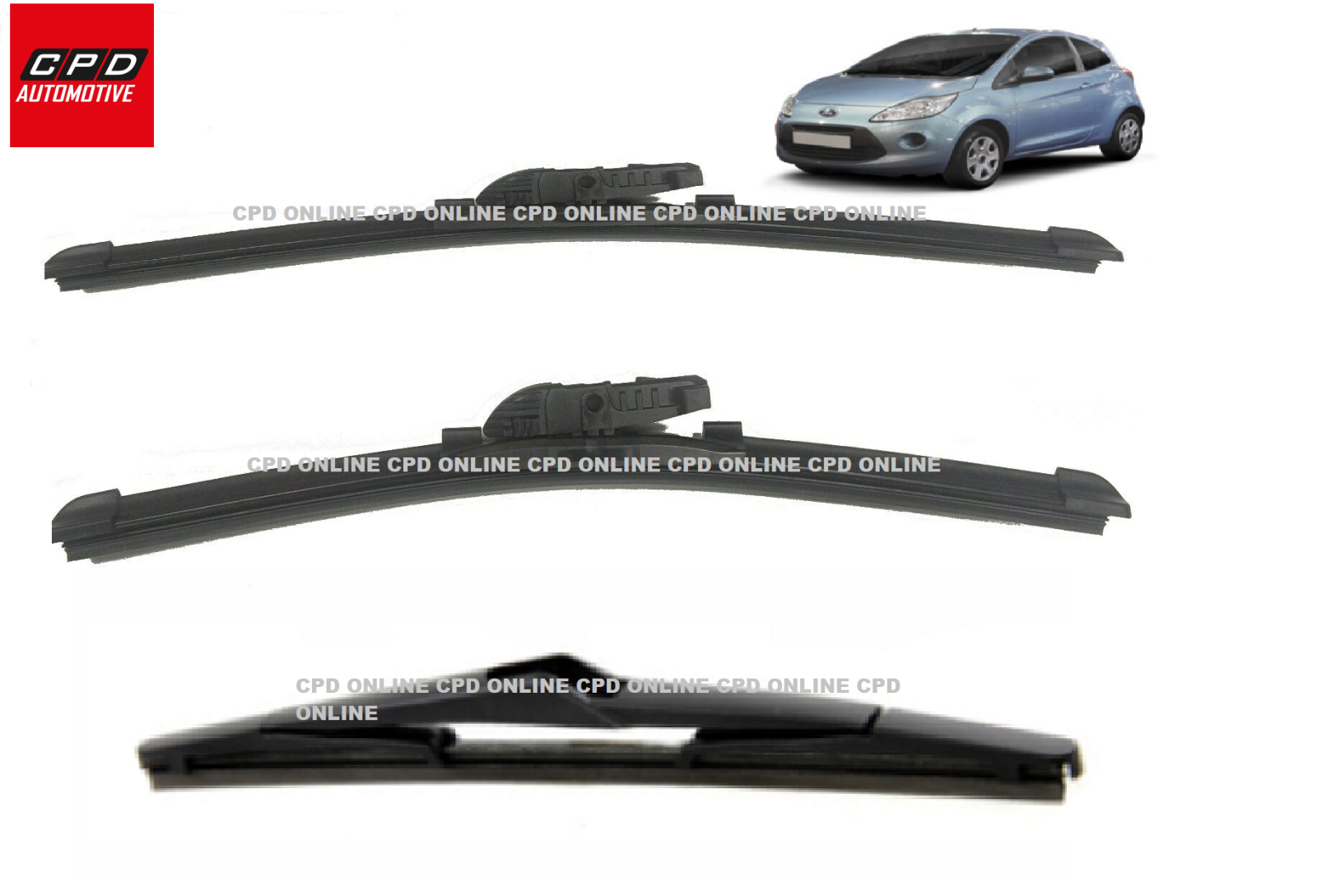 Ford KA MK2 (2008-2011) Front & Rear Aero FLAT Wiper Blades 24”+14”+11” Wipers