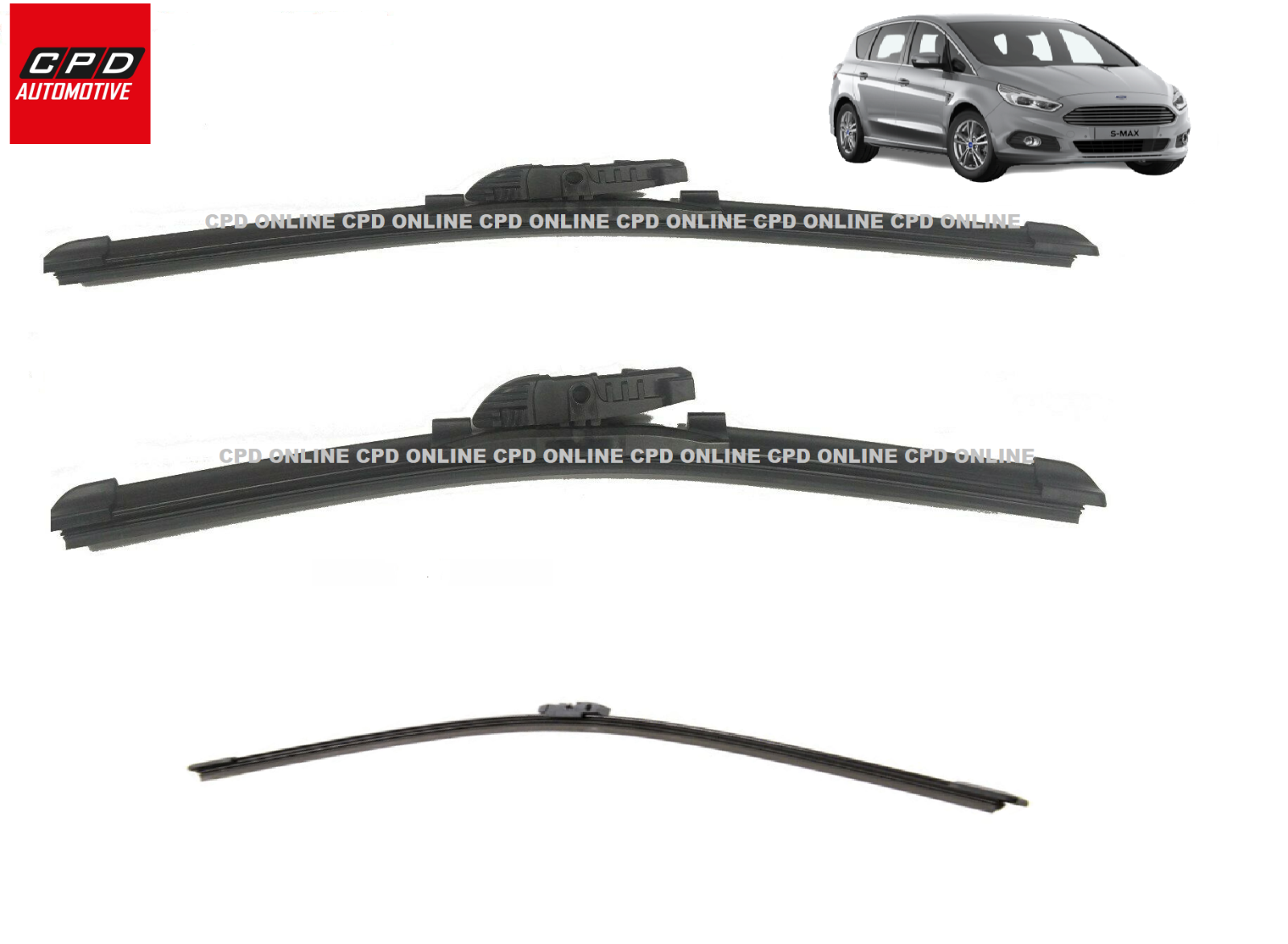 Ford S-Max 2015-ON Front & Rear Aero Wiper Blades 30”+30”+13” Flat Wipers Set