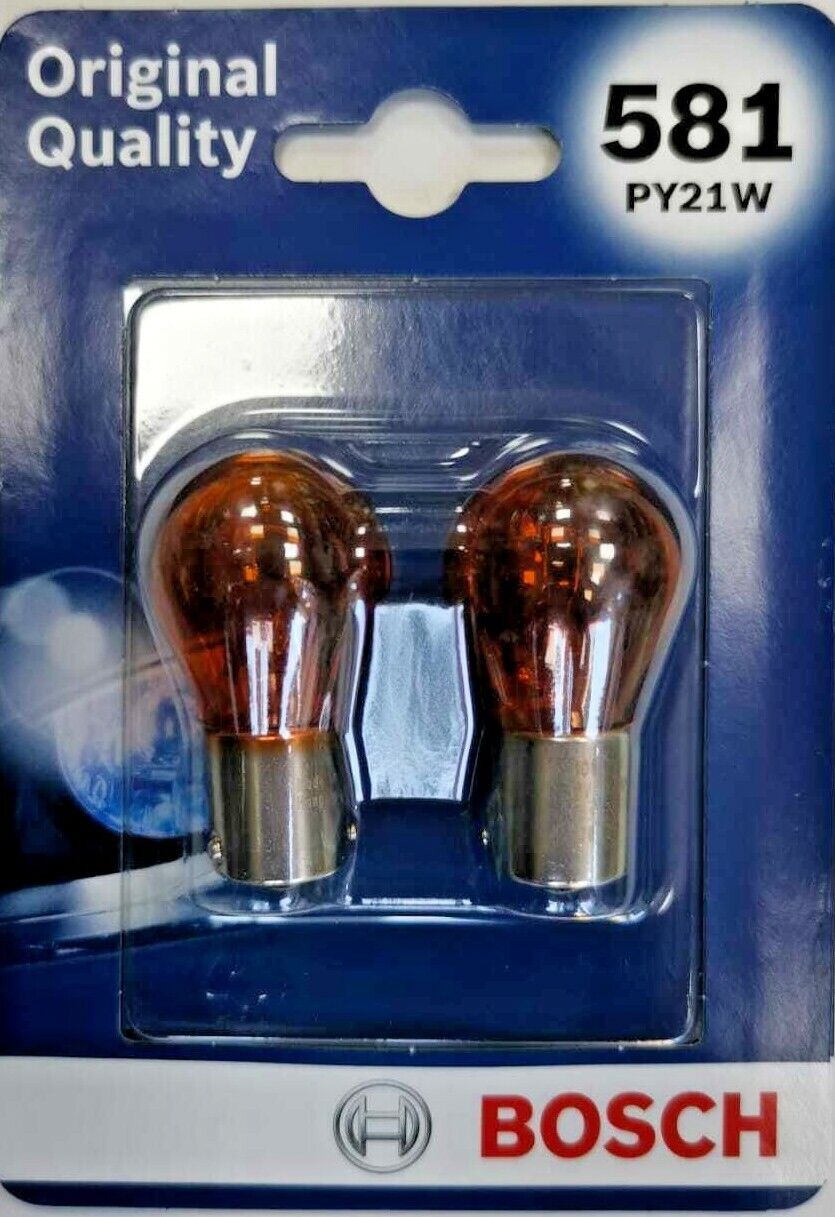 2 X BOSCH ORANGE INDICATOR 581 PY21W R581 AMBER BULBS PAIR SIGNAL OFFSET PINS