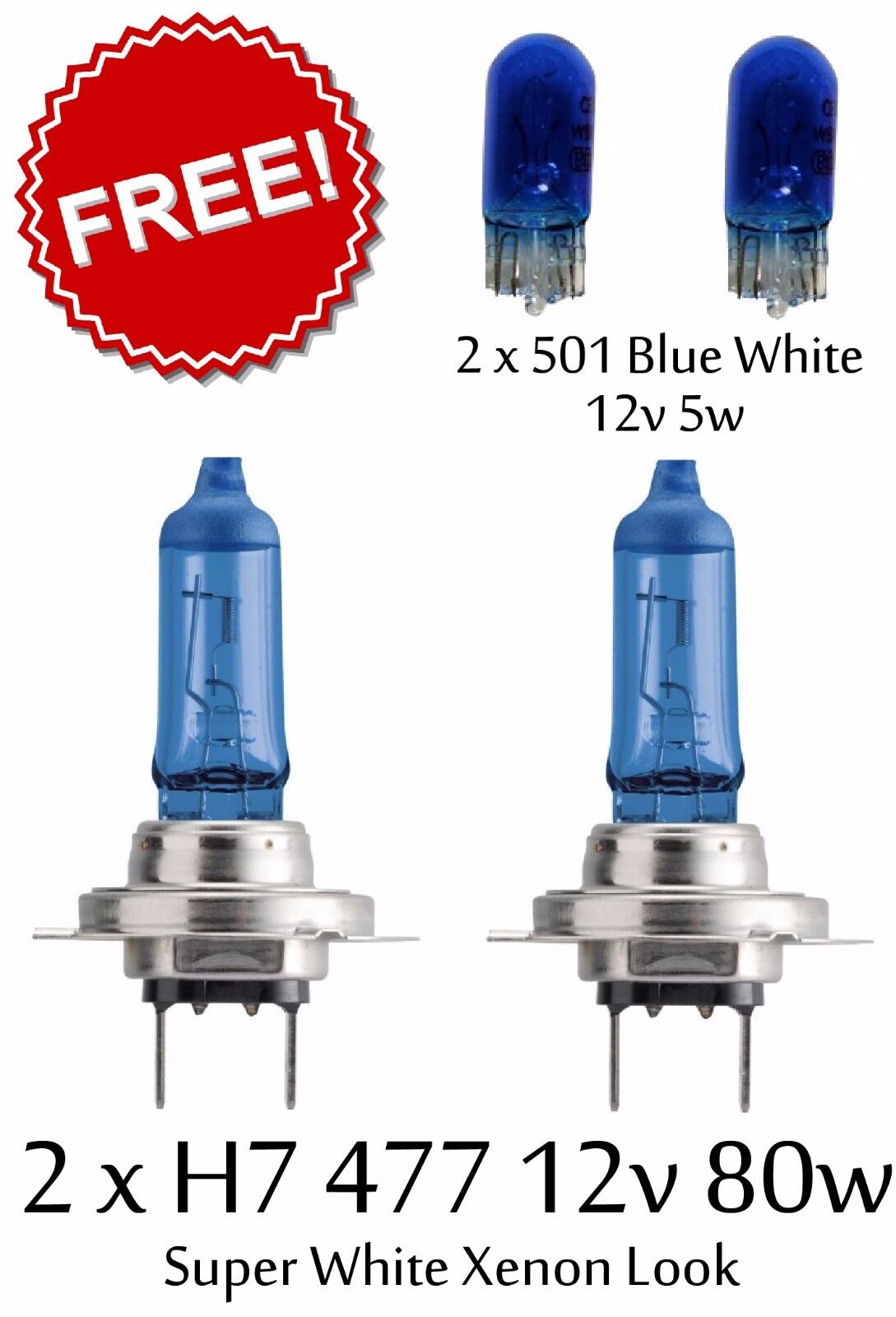 2 x H7 12v 80w XENON LOOK 499 477 Headlight Bulbs + 501 T10 Blue Sidelights PAIR