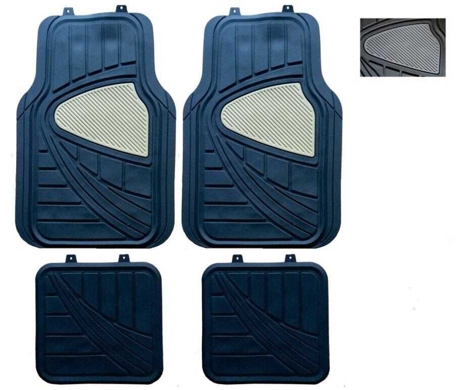UNIVERSAL Heavy Duty Black + Grey Heel pad RUBBER Car Mats Full Set FRONT & REAR