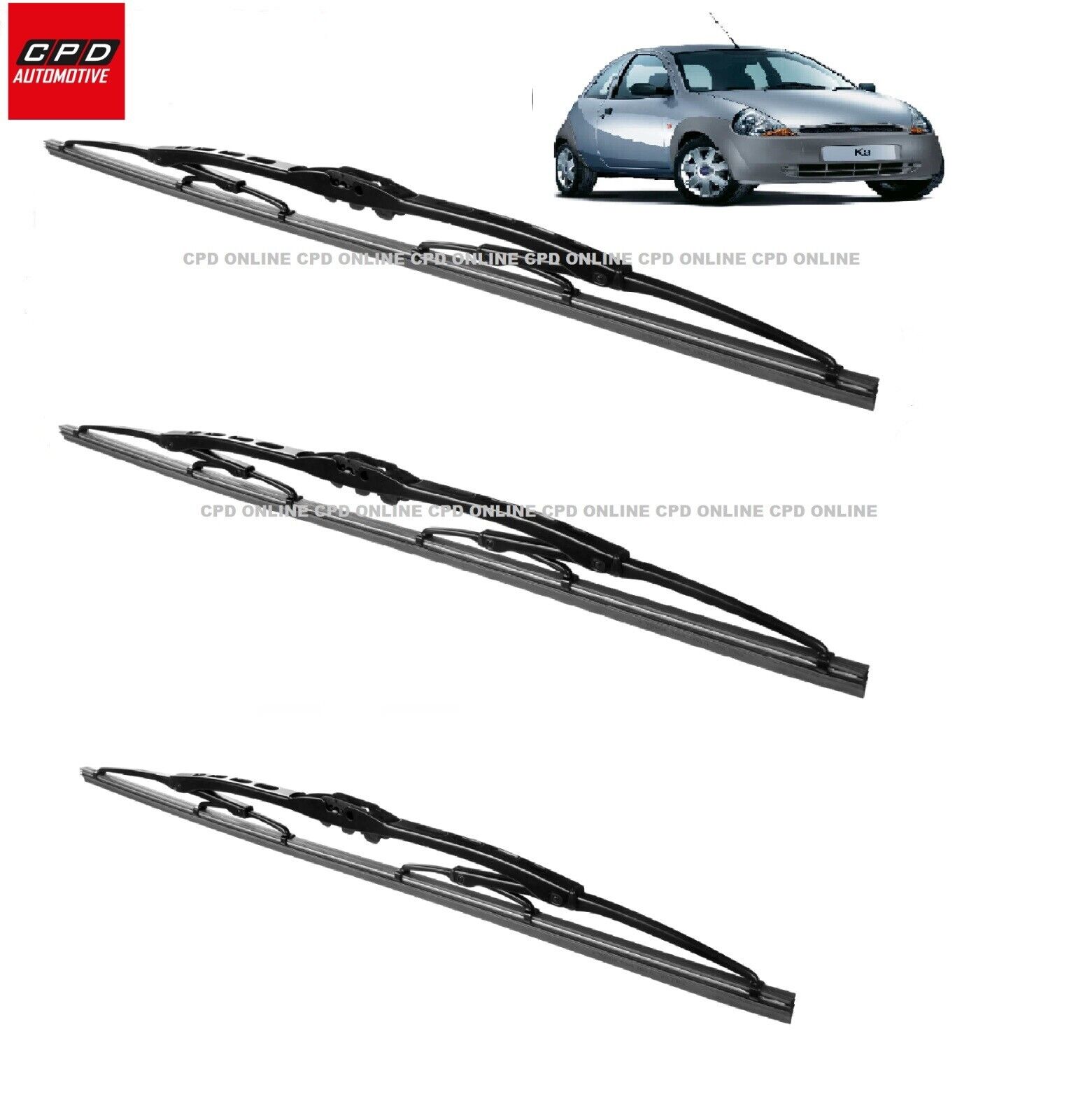 Ford KA MK1 (1996-2007) Front & Rear Hook Wiper Blades 19"+17"+14" Metal Wipers